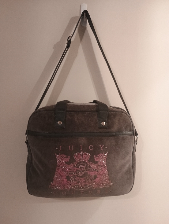 Juicy Couture Handbags - Sale , Juicy Couture Y2K Vintage Gray Suede Messenger Bag with Pink Crest Detail